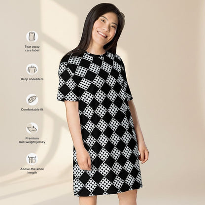 Good Wishes 365 black and white checkered t-shirt dress with short sleeves and oversize fit.