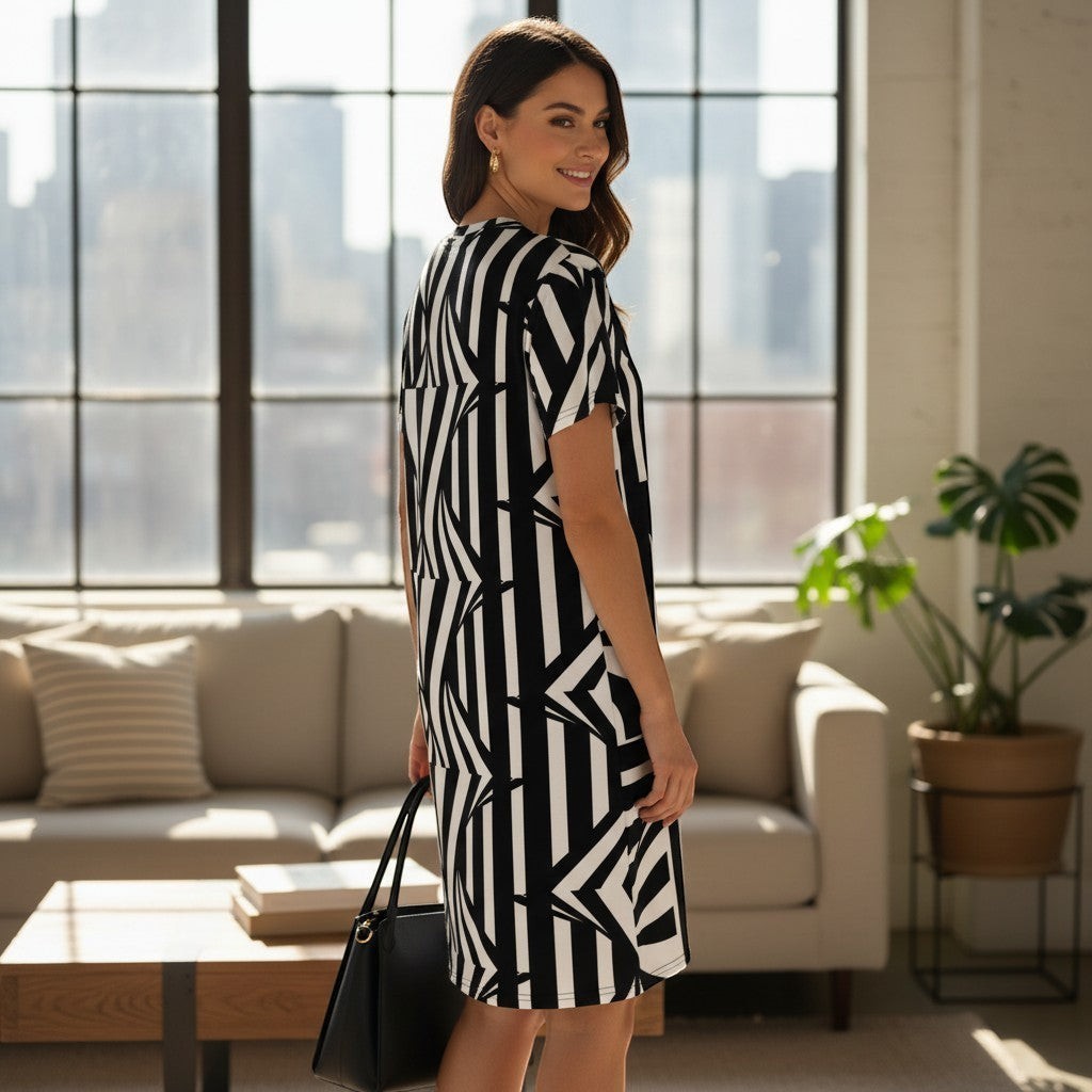 Good Wishes 365 black and white abstract stripe pattern t-shirt dress with dropped shoulders and relaxed fit.