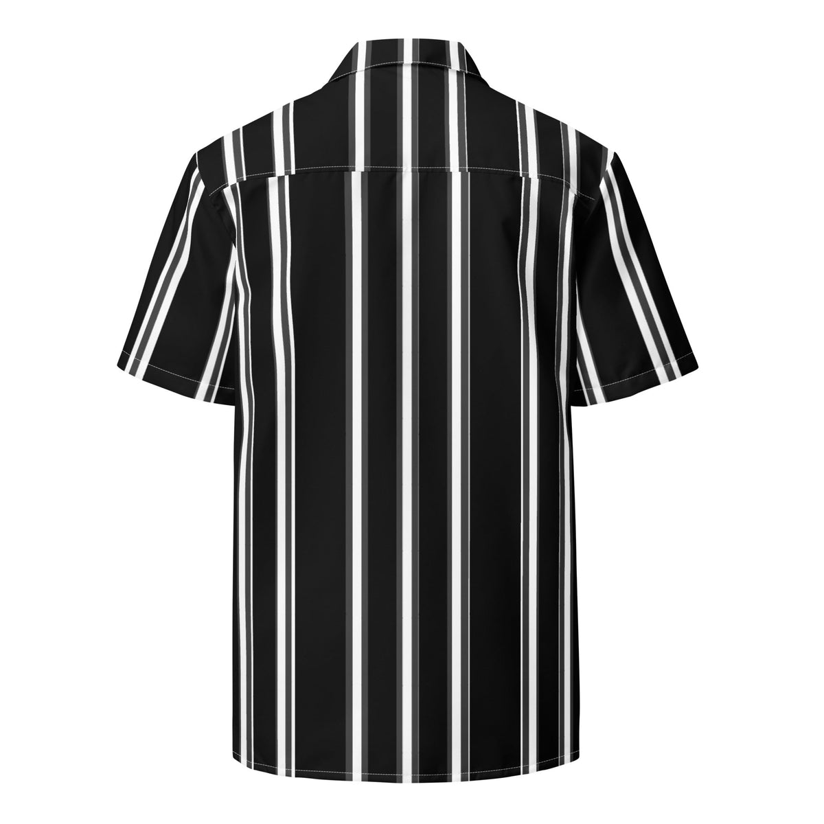 Good Wishes 365 black and white vertical striped short sleeve button-down shirt with a relaxed fit and collar.