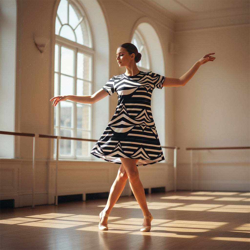Good Wishes 365 black and white abstract striped t-shirt dress with an oversized fit and drop shoulders.