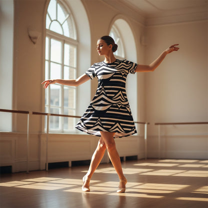 Good Wishes 365 black and white abstract striped t-shirt dress with an oversized fit and drop shoulders.