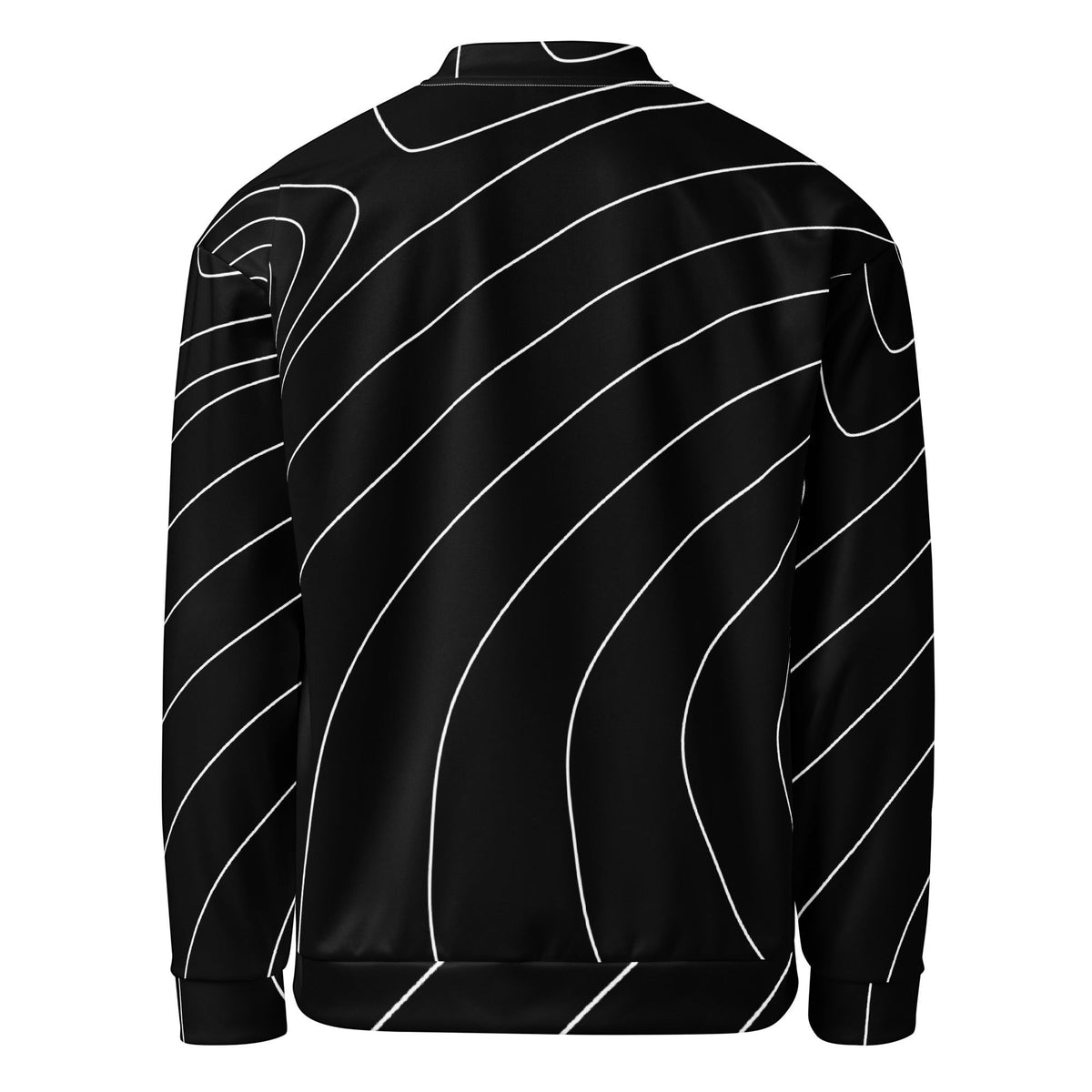 Back view of Good Wishes 365 unisex bomber jacket in black with a white modern wave line print.