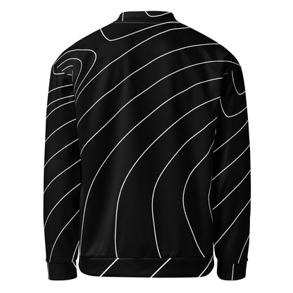 Back view of Good Wishes 365 unisex bomber jacket in black with a white modern wave line print.