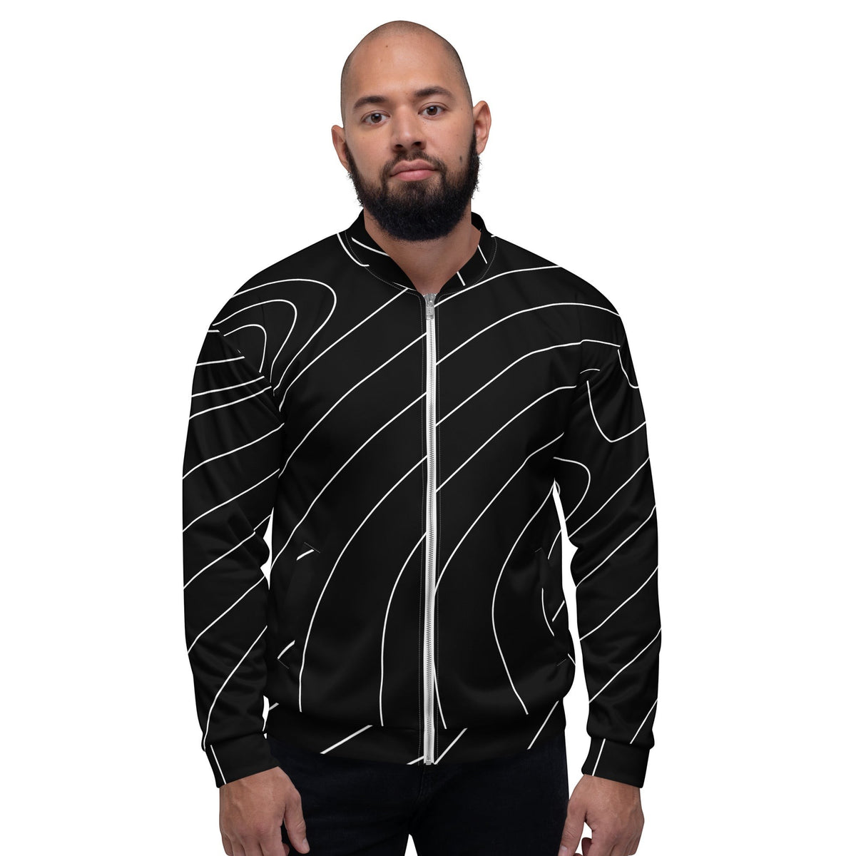 Good Wishes 365 unisex bomber jacket in black with a white modern wave line print and front zipper closure