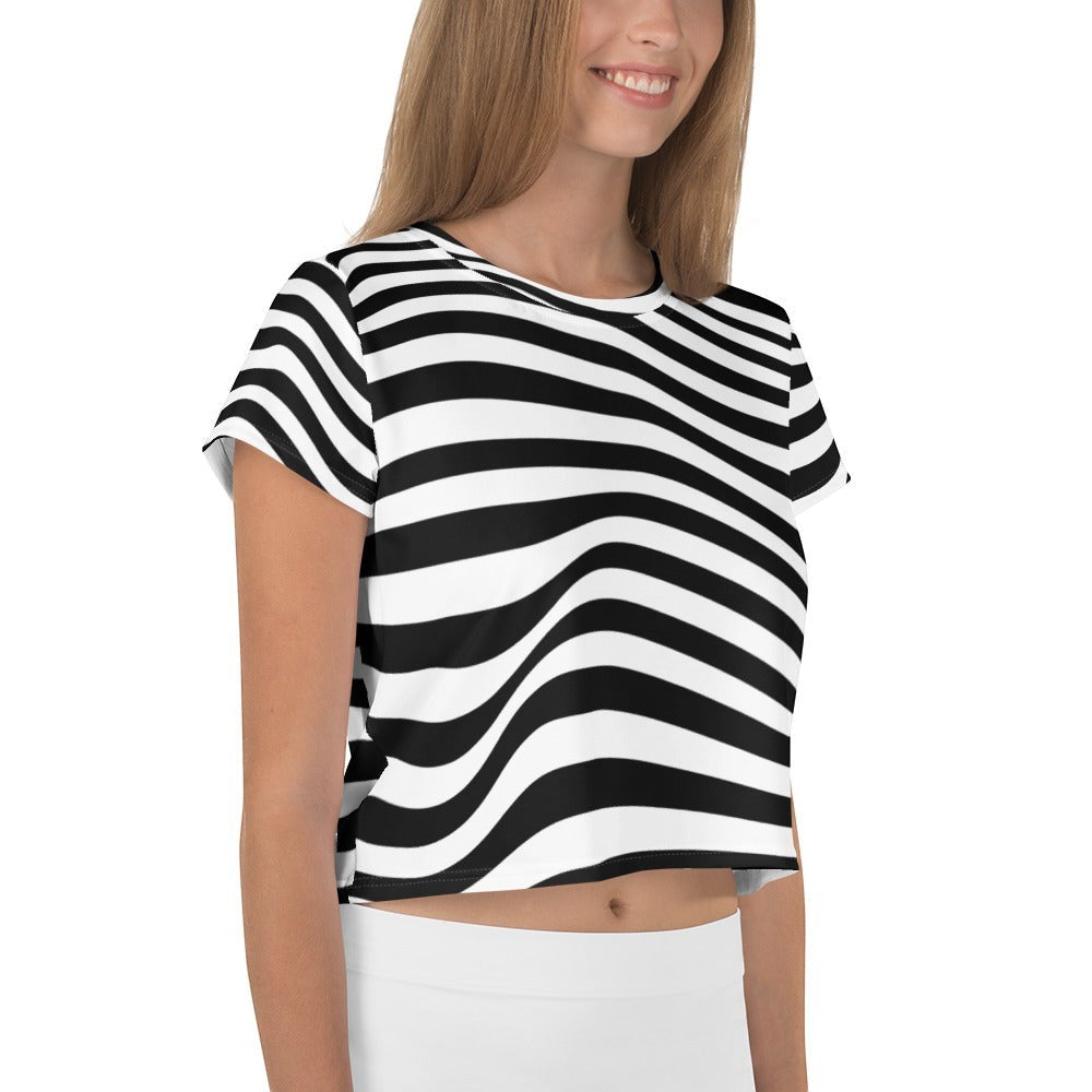 Good Wishes 365 crop tee featuring a black and white all-over groovy wavy line print on stretchy jersey fabric.