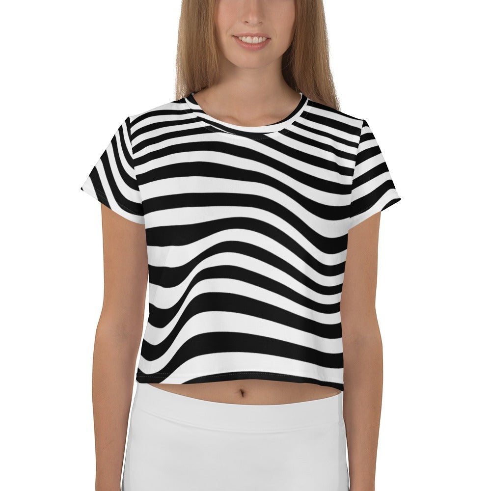 Good Wishes 365 crop tee with a black and white wavy line pattern in a stretchy polyester jersey fabric.