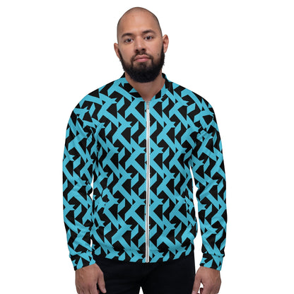 Good Wishes 365 unisex bomber jacket featuring a bold blue and black geometric maze print with a front zipper closure.