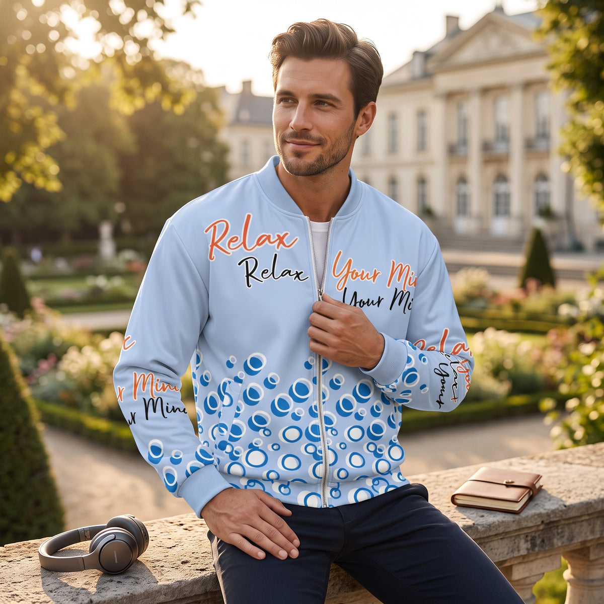 Good Wishes 365 light blue bomber jacket with Relax Your Mind print and bubble pattern worn by a man in a park