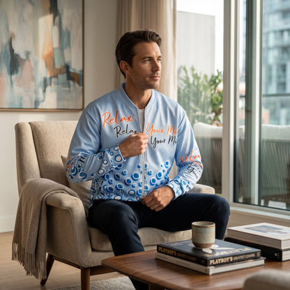 Good Wishes 365 light blue bomber jacket with Relax Your Mind print worn by a man sitting in a beige armchair.