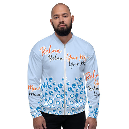 Good Wishes 365 light blue bomber jacket with abstract bubble print and Relax Your Mind typography on a male model