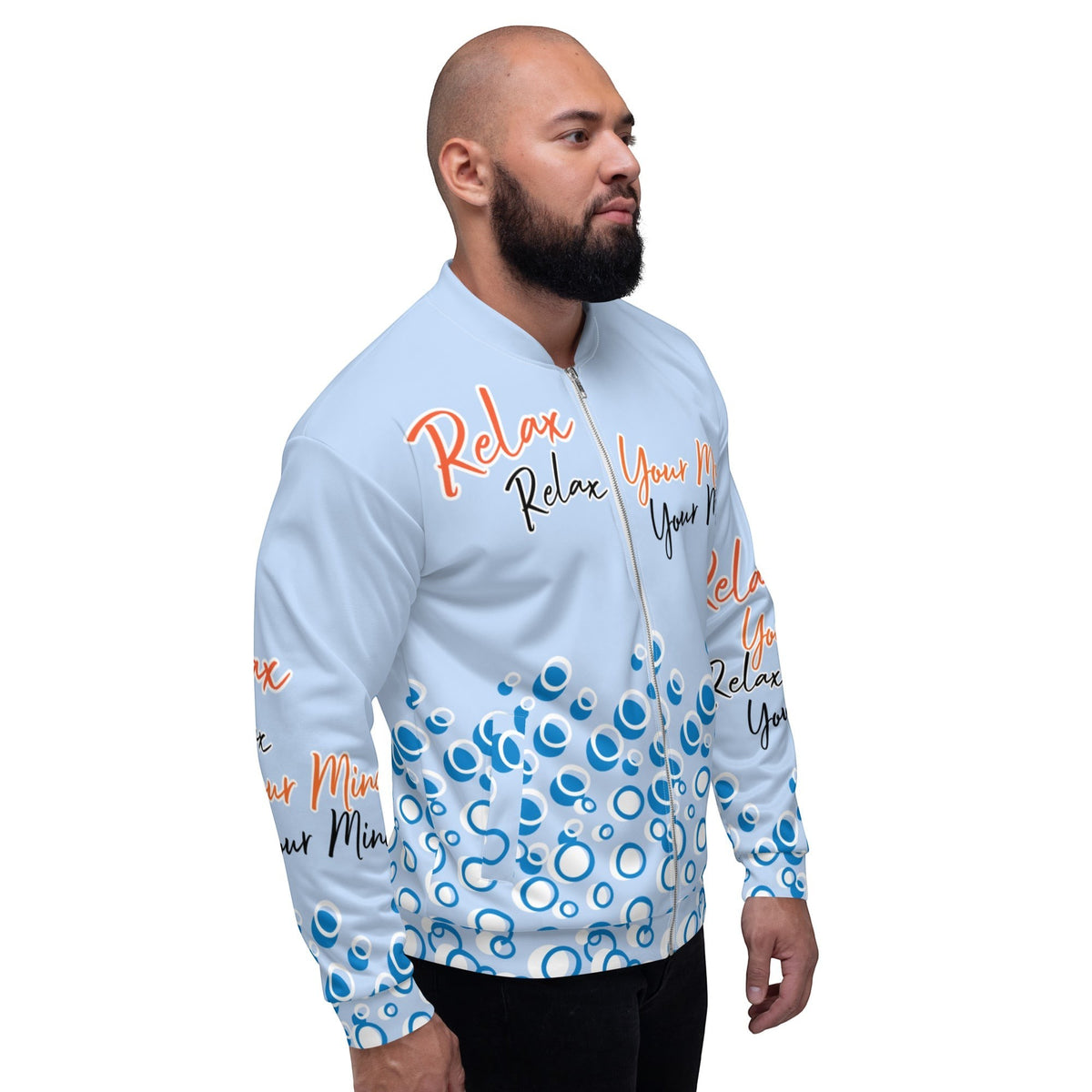 Good Wishes 365 light blue bomber jacket with abstract bubble print and Relax Your Mind text worn by a bearded man