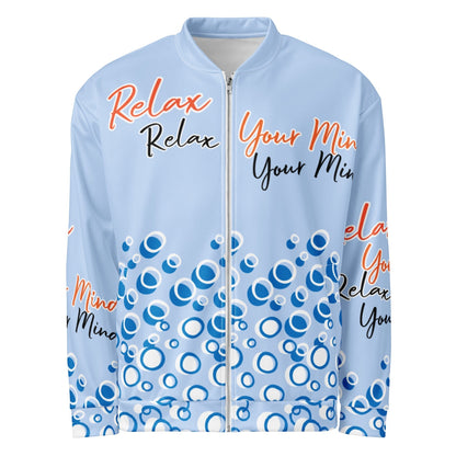 Good Wishes 365 light blue bomber jacket with abstract bubble print and Relax Your Mind typography, full-zip front.