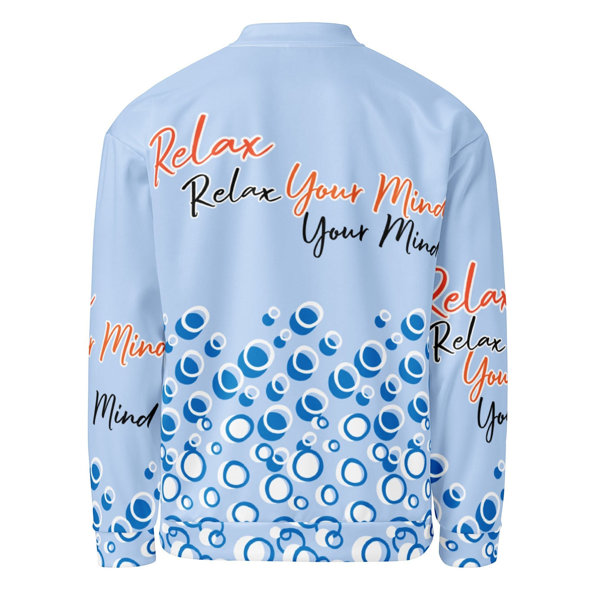 Back view of Good Wishes 365 light blue bomber jacket with abstract bubble print and Relax Your Mind typography.