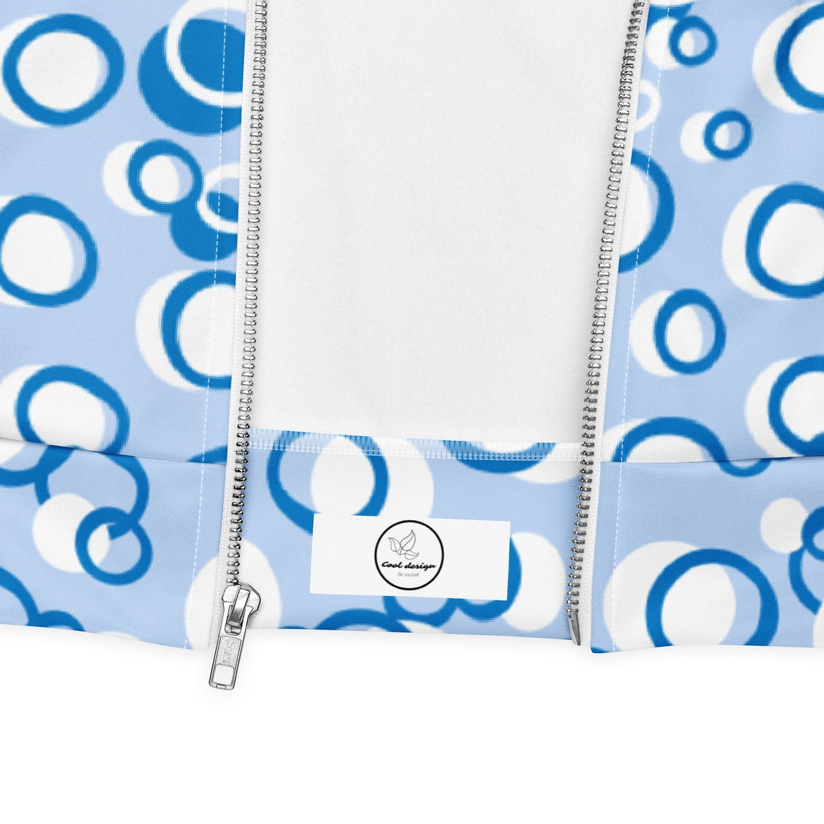 Good Wishes 365 light blue bomber jacket with abstract white and blue bubble print and silver full-zip closure