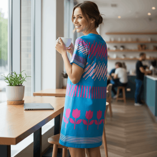 Good Wishes 365 Blue Geo Flora T-Shirt Dress with pink geometric patterns and tulips. Oversize fit, polyester blend.