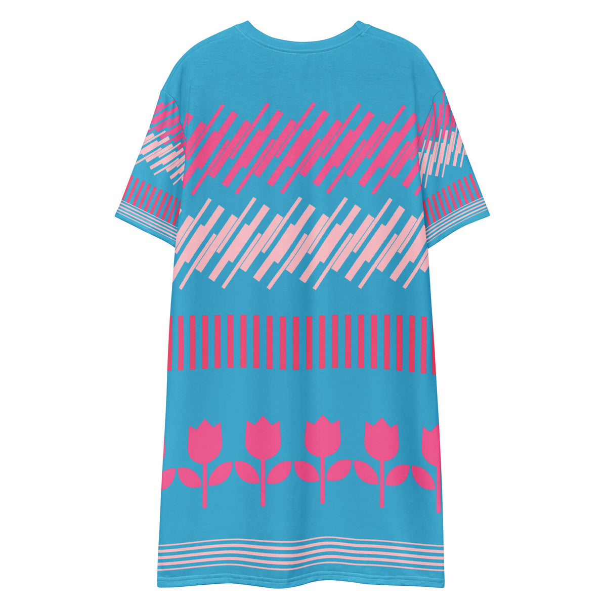 Good Wishes 365 blue t-shirt dress with pink geometric and floral patterns. Oversize fit, drop shoulder.