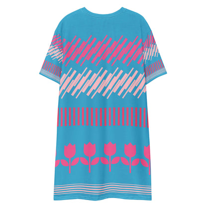 Good Wishes 365 blue t-shirt dress with pink geometric and floral patterns. Oversize fit, drop shoulder.