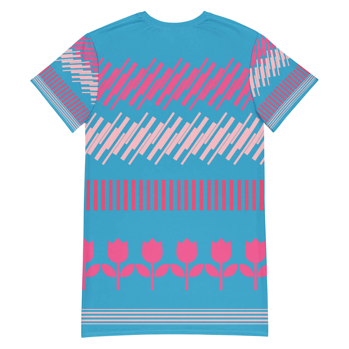 Good Wishes 365 Blue Geo Flora T-Shirt Dress with pink abstract stripes and tulips. Oversize fit, polyester blend.