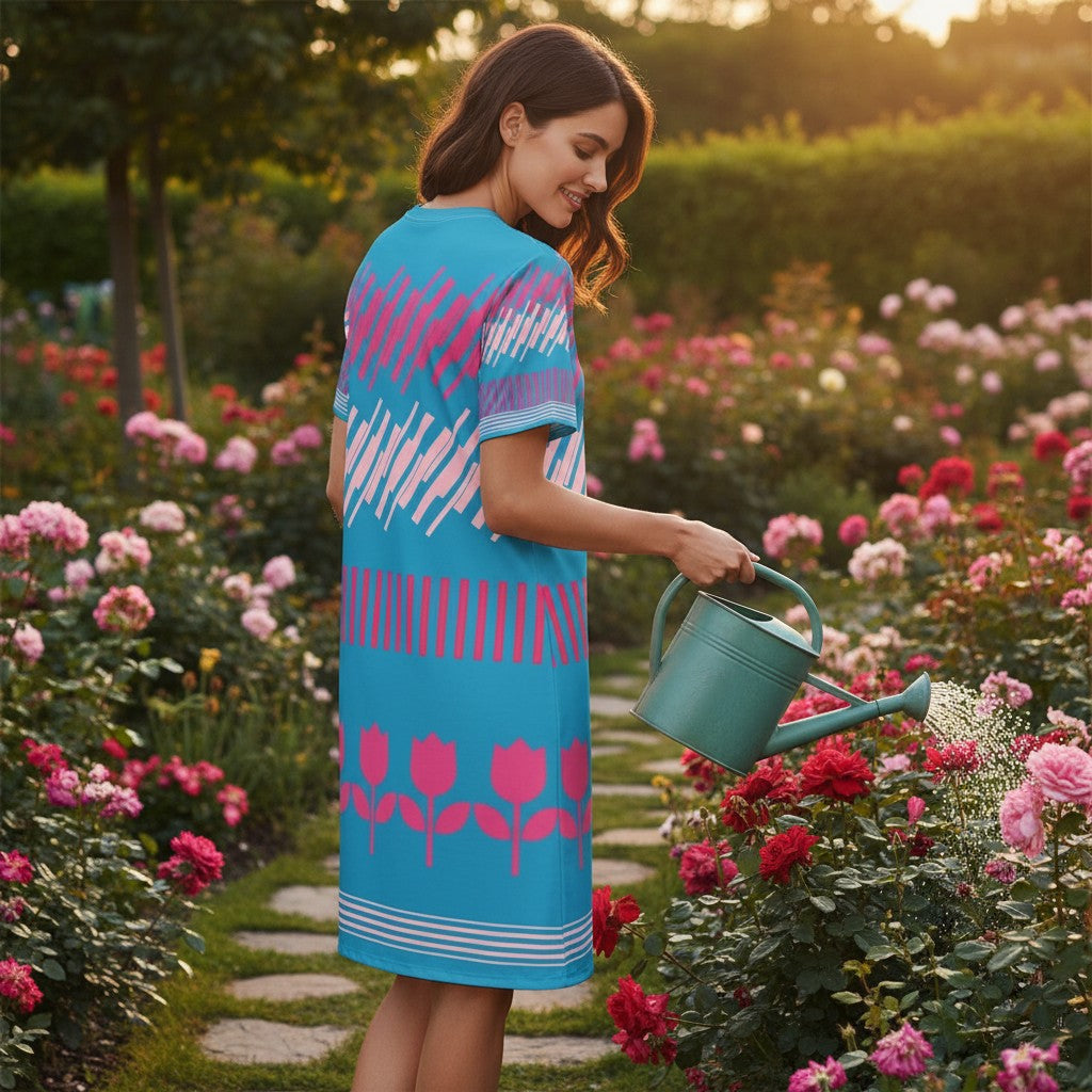 Good Wishes 365 blue t-shirt dress with pink geometric and floral patterns. Oversize fit.