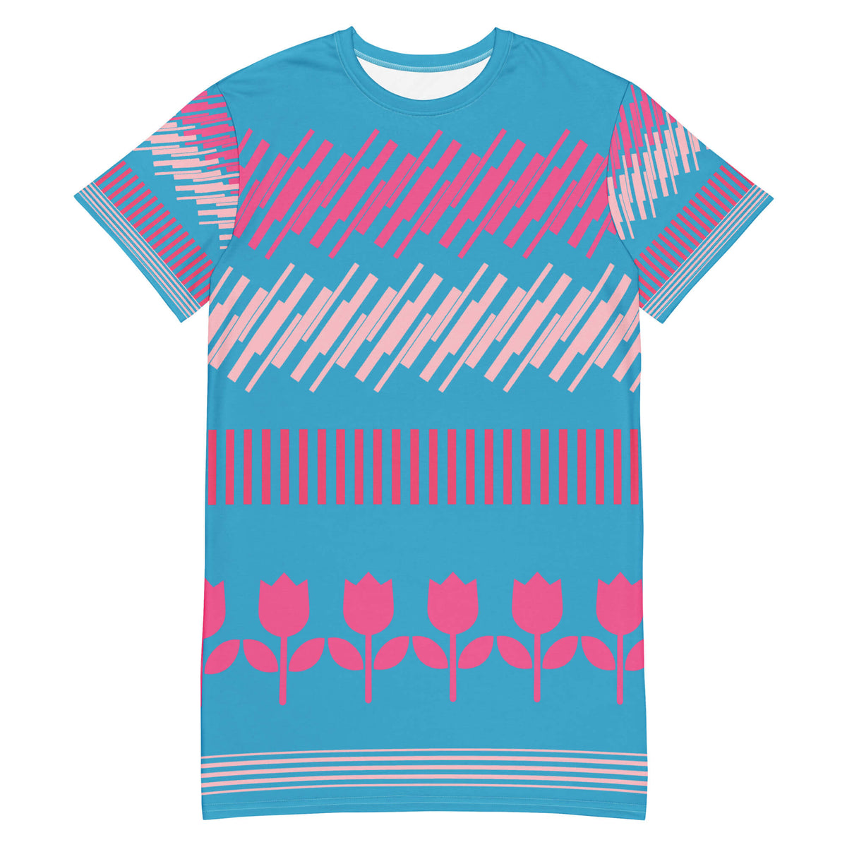 Good Wishes 365 blue t-shirt dress with pink geometric and floral patterns. Oversize fit.