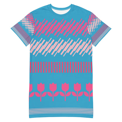 Good Wishes 365 blue t-shirt dress with pink geometric and floral patterns. Oversize fit.