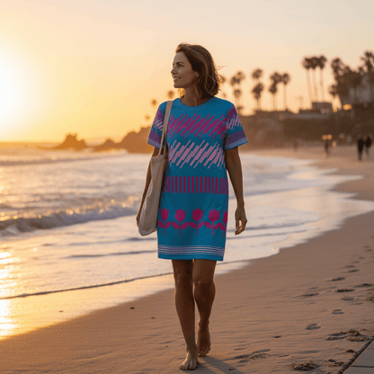 Good Wishes 365 blue t-shirt dress with pink geometric and floral patterns. Oversize fit.