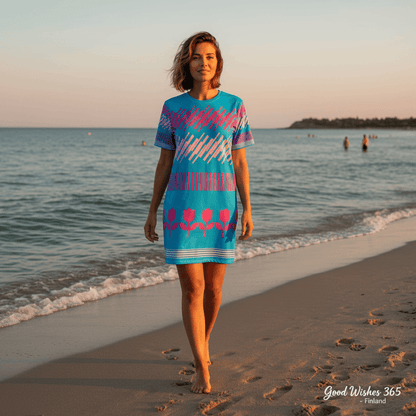 Good Wishes 365 blue t-shirt dress with pink geometric and floral patterns. Oversize fit.