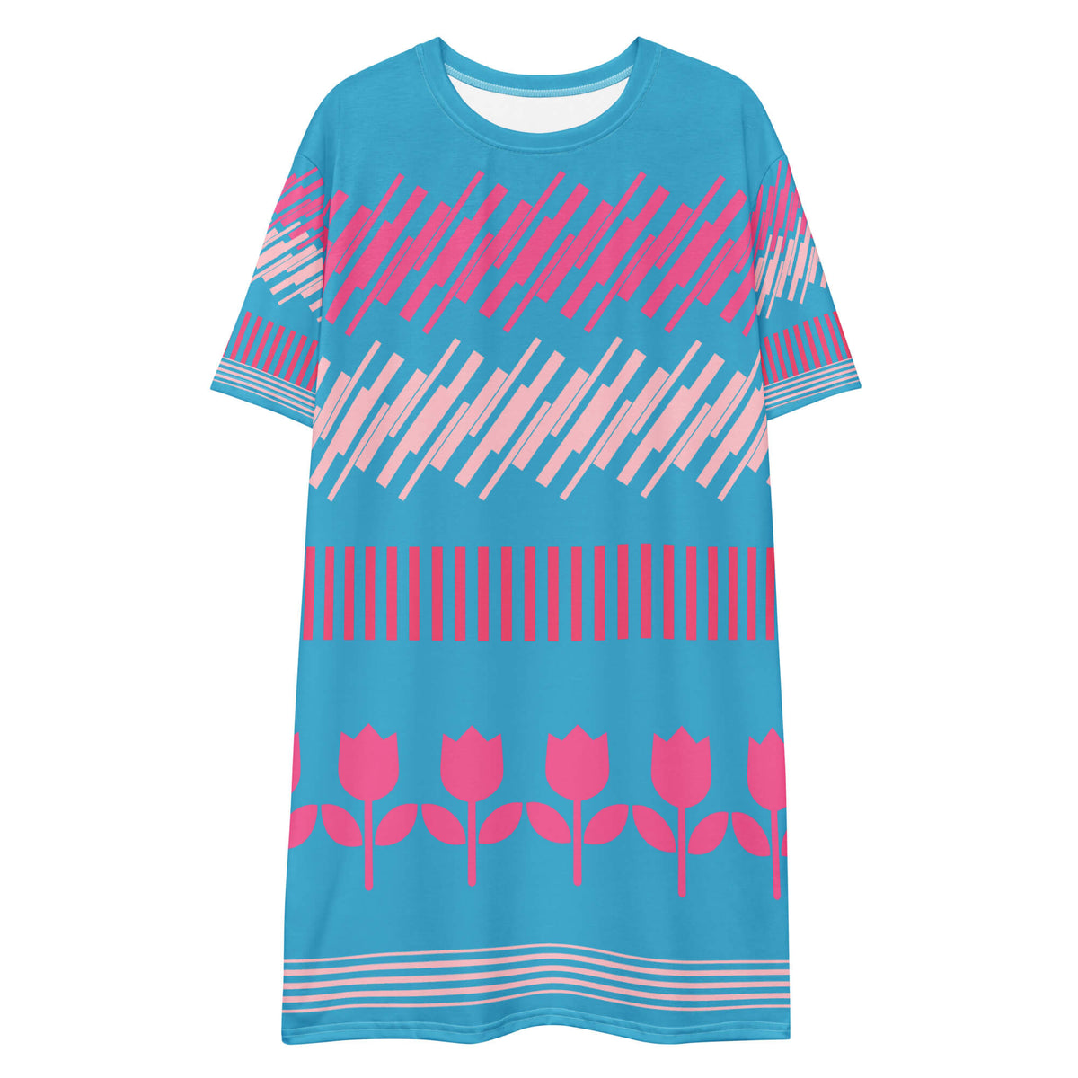 Good Wishes 365 blue t-shirt dress with pink geometric and floral print. Oversize fit, crew neck, short sleeves.