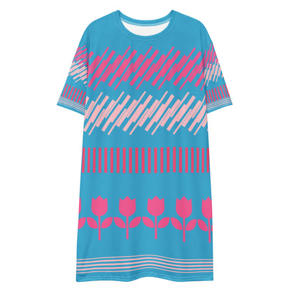 Good Wishes 365 blue t-shirt dress with pink geometric and floral print. Oversize fit, crew neck, short sleeves.