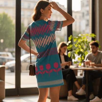 Good Wishes 365 Blue Geo Flora T-Shirt Dress with pink geometric patterns and tulips. Oversize fit, polyester blend.