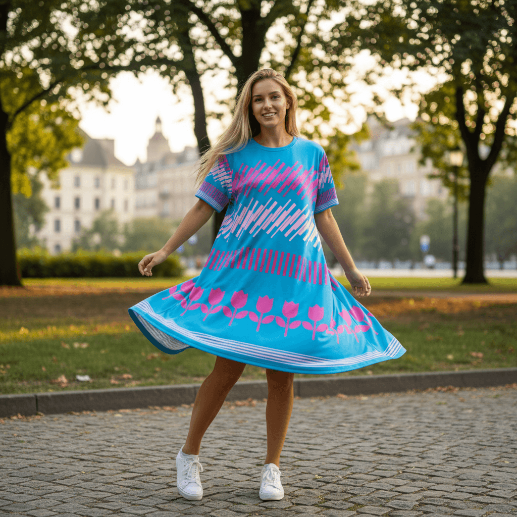 Good Wishes 365 Blue Geo Flora T-Shirt Dress with pink abstract and floral patterns. Oversize fit, polyester blend.