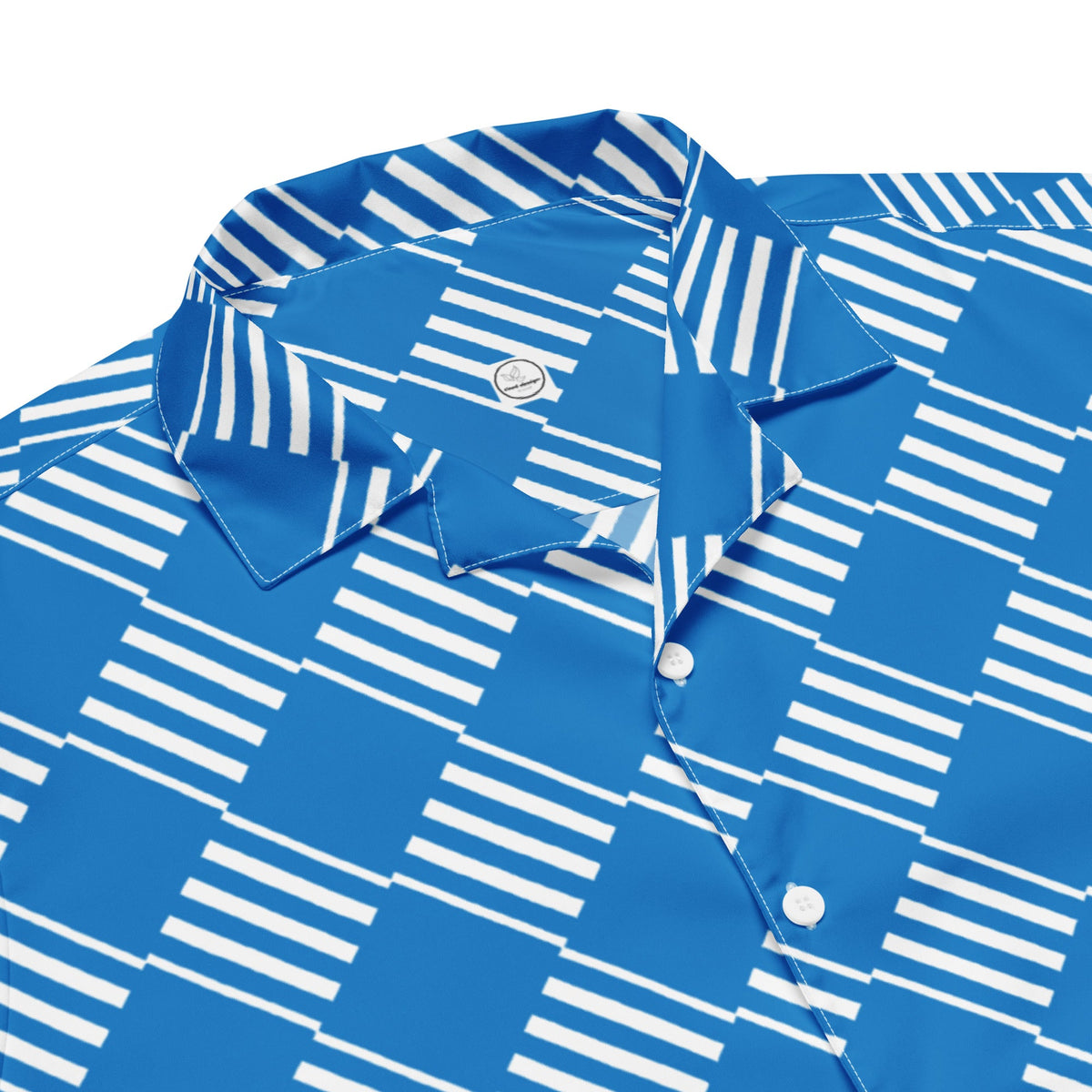 Good Wishes 365 blue short sleeve button down shirt with a white geometric striped pattern and a camp collar.