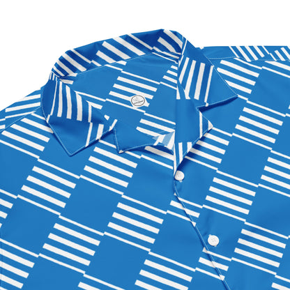Good Wishes 365 blue short sleeve button down shirt with a white geometric striped pattern and a camp collar.