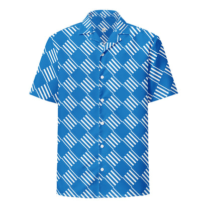 Good Wishes 365 short sleeve button down shirt in vibrant blue with a white geometric diagonal stripe pattern