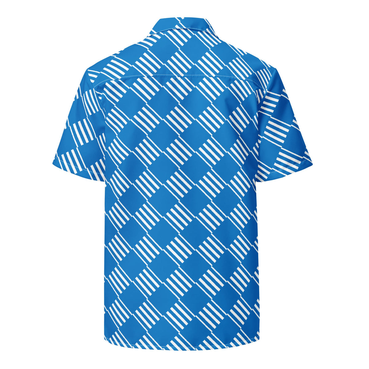 Good Wishes 365 blue short sleeve button down shirt with a white geometric diamond pattern, back view.