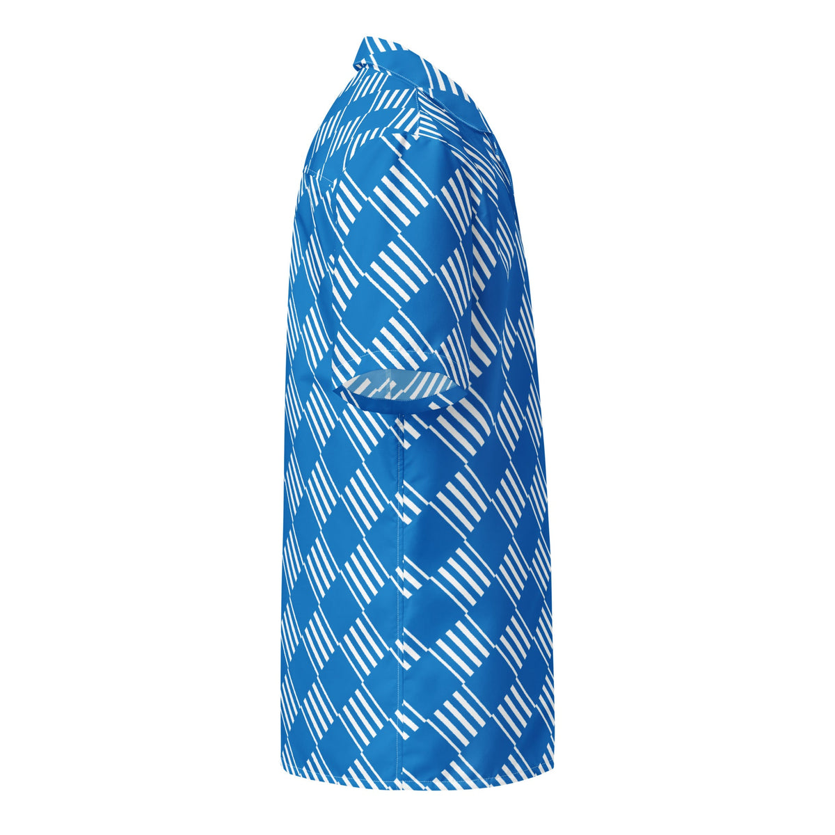 Good Wishes 365 blue short sleeve button down shirt with a white geometric pattern and a classic camp collar