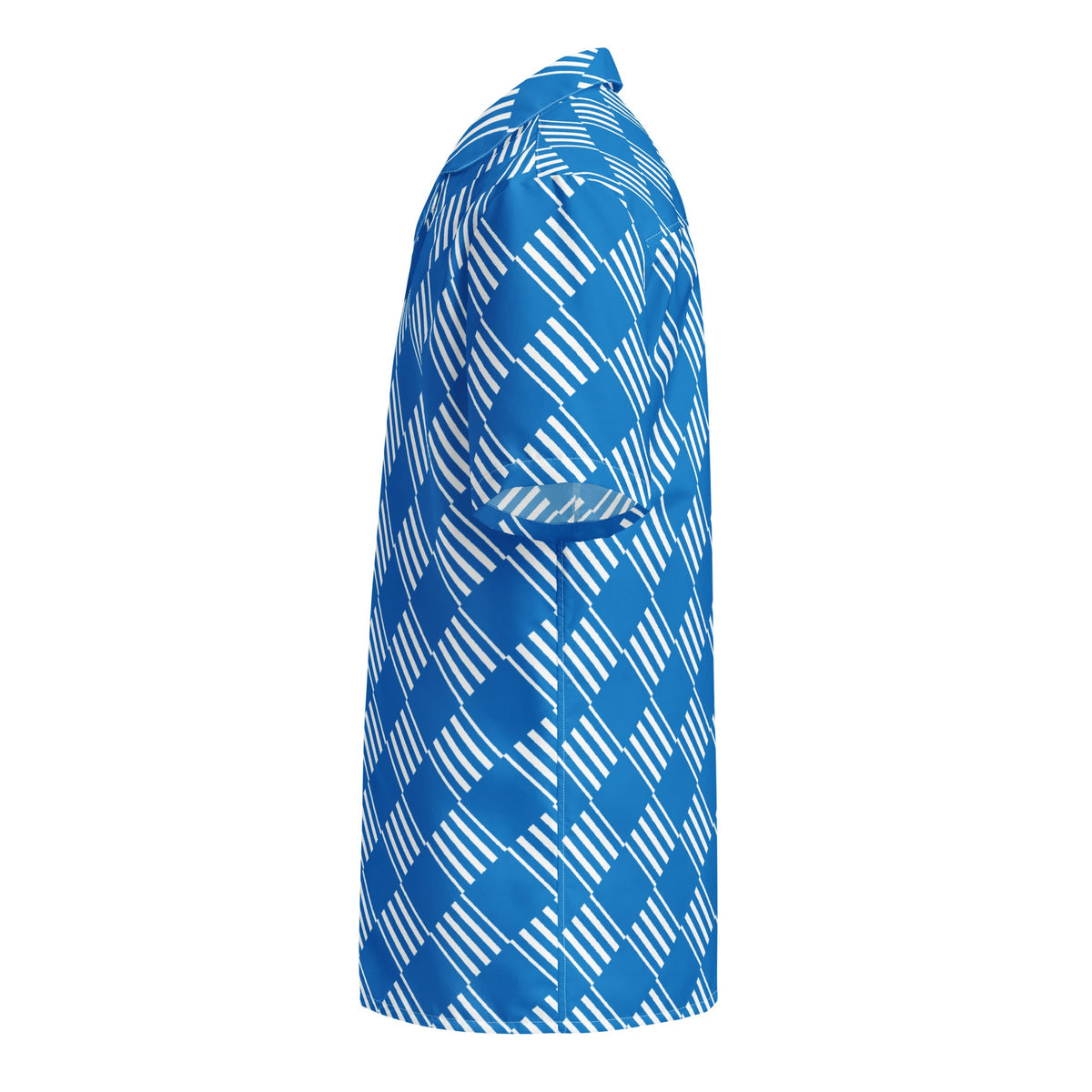 Good Wishes 365 blue short sleeve button down shirt with a white geometric pattern and camp collar, side view.