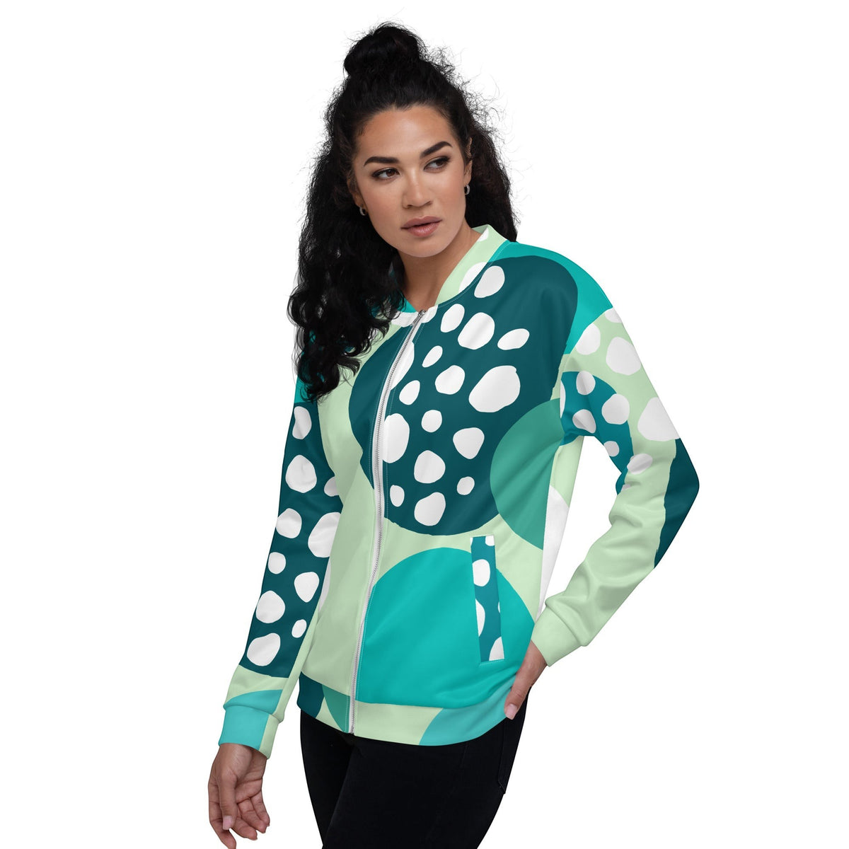 Good Wishes 365 unisex bomber jacket featuring an Eastern blue and mint green abstract circular print on a model