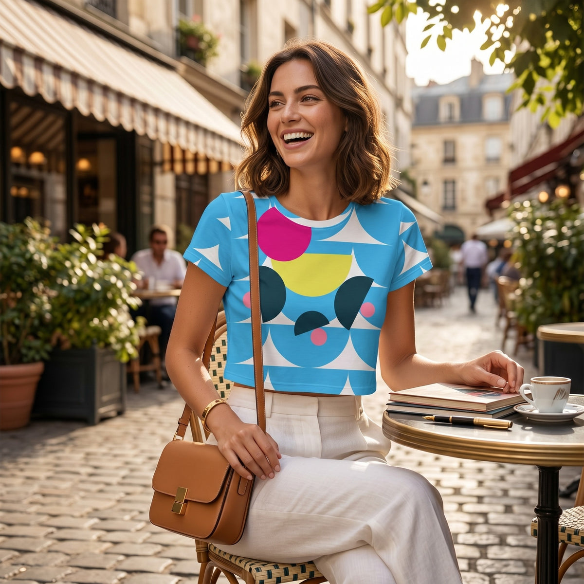Good Wishes 365 deep sky blue crop tee with mushroom-inspired geometric print worn by a woman at a Parisian cafe.