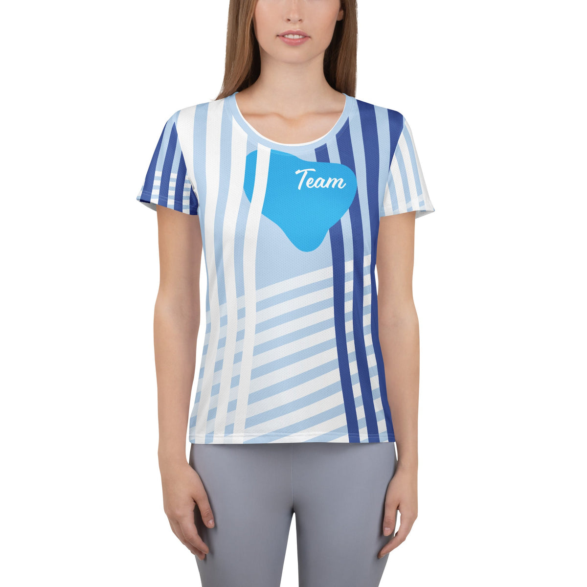 Good Wishes 365 women's blue and white striped athletic t-shirt with Team graphic on moisture-wicking fabric