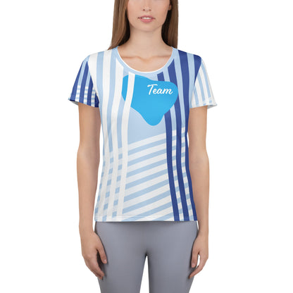 Good Wishes 365 women's blue and white striped athletic t-shirt with Team graphic on moisture-wicking fabric
