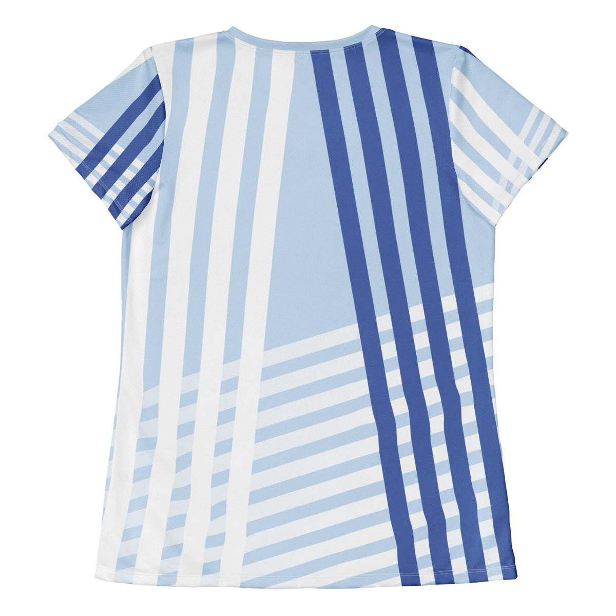 Good Wishes 365 women's athletic t-shirt featuring a blue and white striped all-over print in a moisture-wicking fabric