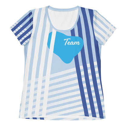 Good Wishes 365 women's blue and white striped athletic t-shirt with a Team graphic on moisture-wicking fabric.