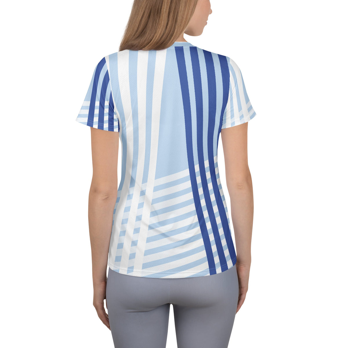Good Wishes 365 women's athletic t-shirt with blue and white striped pattern, back view on a model