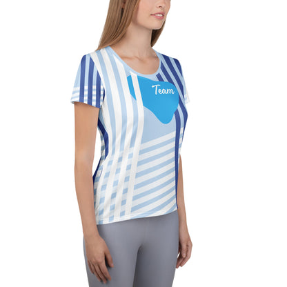 Good Wishes 365 women's blue and white striped athletic t-shirt with Team graphic, worn by a model in grey leggings.