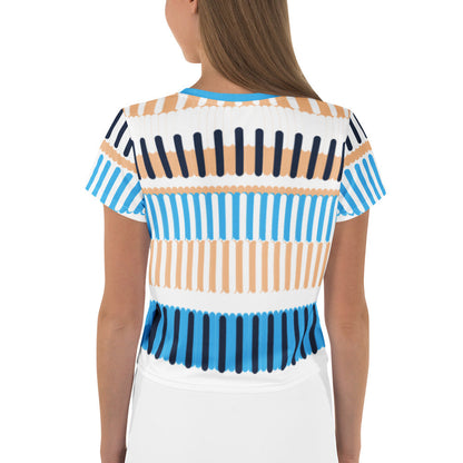 Good Wishes 365 crop tee with blue, navy, and sand coastal stripe print, shown from the back on a model.
