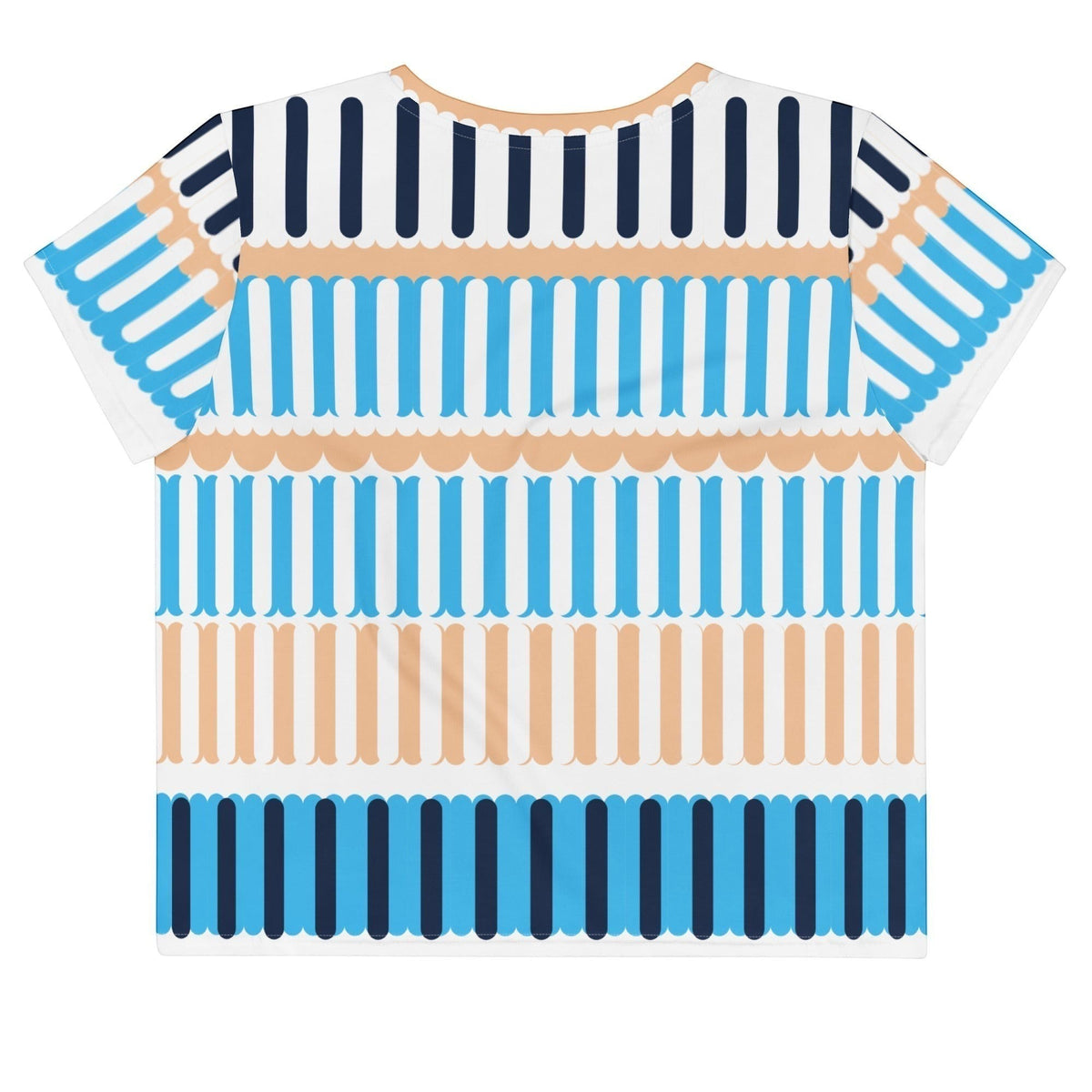 Good Wishes 365 crop tee with a deep sky blue and peach coastal rhythm stripe pattern on a mid-weight jersey fabric.