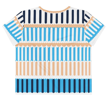Good Wishes 365 crop tee with a deep sky blue and peach coastal rhythm stripe pattern on a mid-weight jersey fabric.
