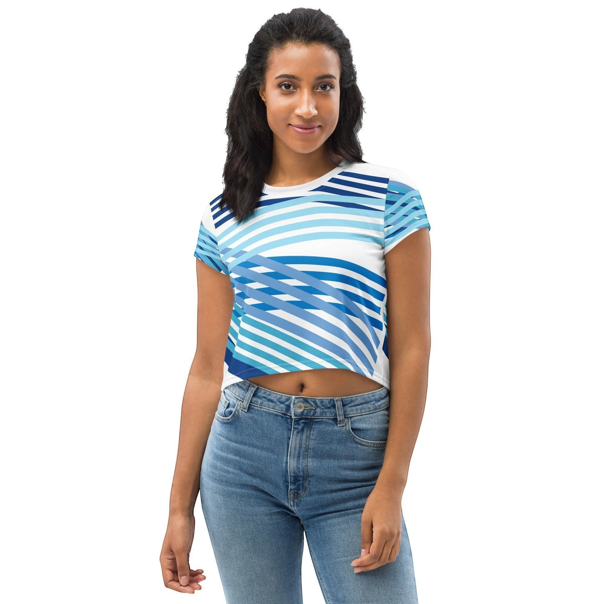 Good Wishes 365 model wearing a blue and white geometric striped short sleeve crew neck crop tee with denim jeans