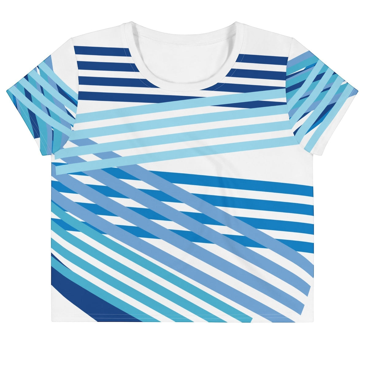 Good Wishes 365 casual crop tee with blue and white multi-directional geometric stripe pattern and crew neckline.